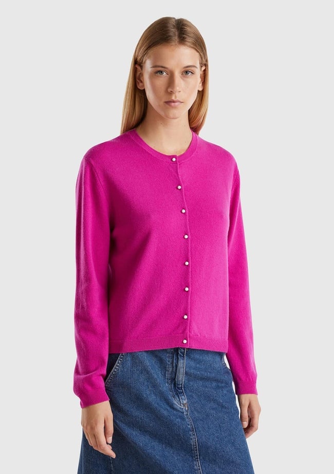  Kadın Fuşya Bisiklet Yaka %İnci Düğmeli Merino Hırka