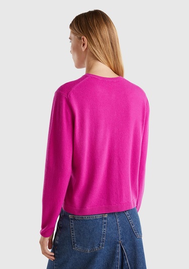  Kadın Fuşya Bisiklet Yaka %İnci Düğmeli Merino Hırka