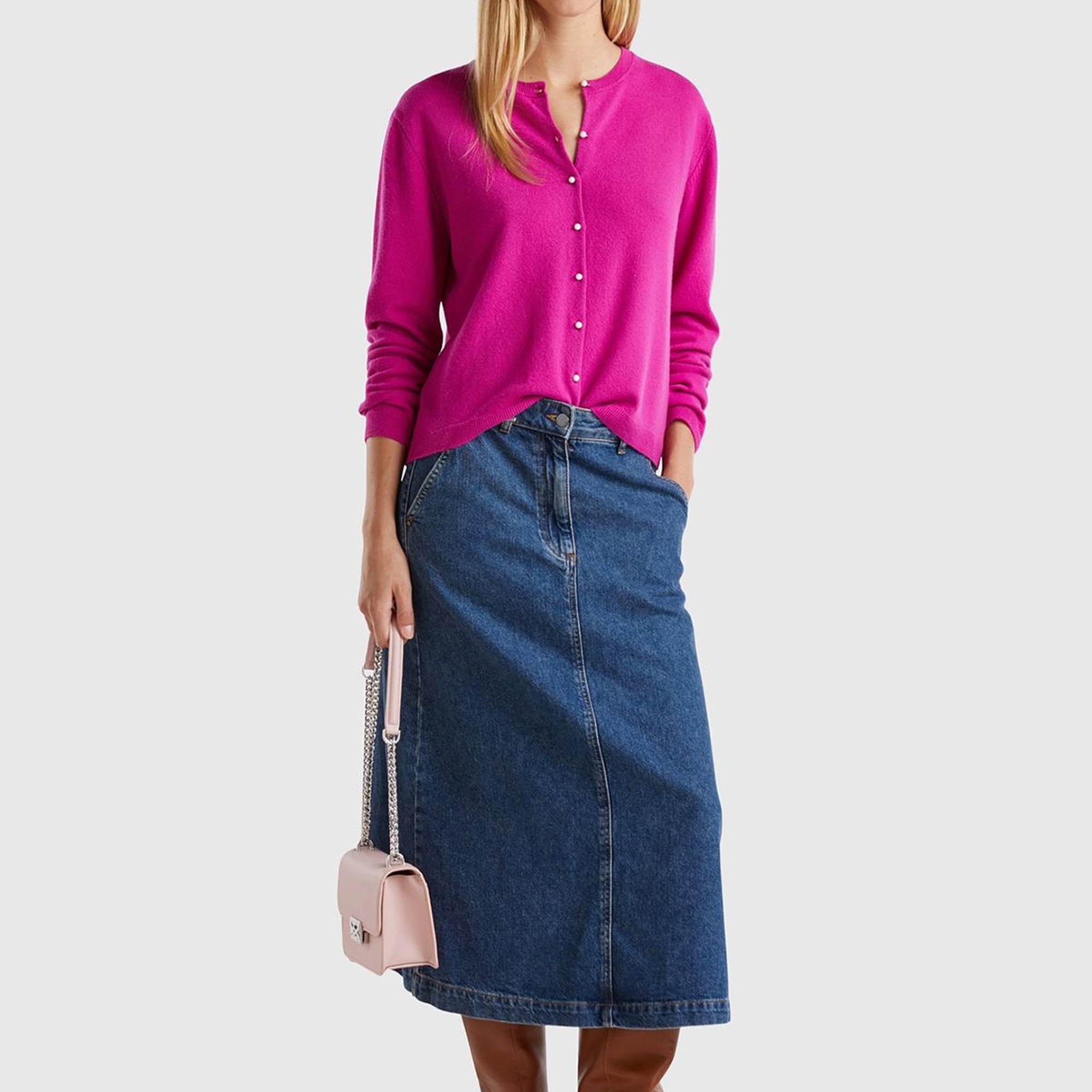 Kadın Fuşya Bisiklet Yaka %İnci Düğmeli Merino Hırka