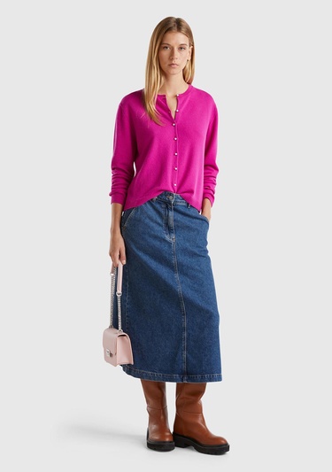 Kadın Fuşya Bisiklet Yaka %İnci Düğmeli Merino Hırka