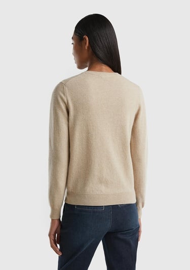  Kadın Bej Melanj Bisiklet Yaka %100 Merino Hırka