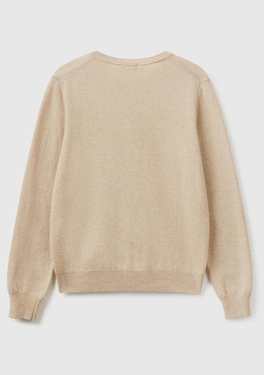  Kadın Bej Melanj Bisiklet Yaka %100 Merino Hırka