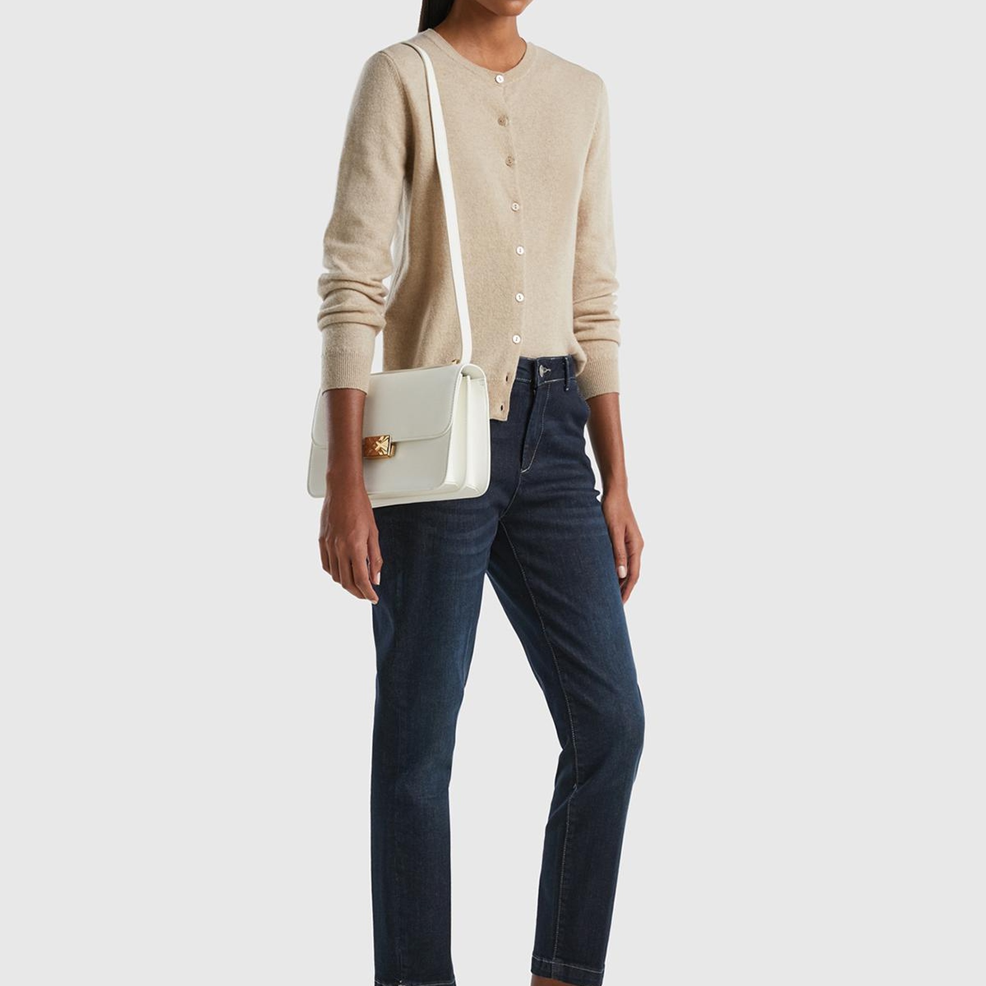 Kadın Bej Melanj Bisiklet Yaka %100 Merino Hırka