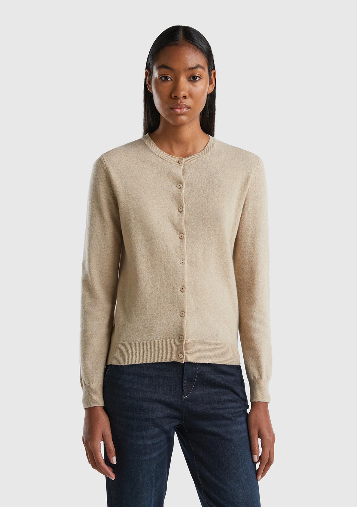  Kadın Bej Melanj Bisiklet Yaka %100 Merino Hırka