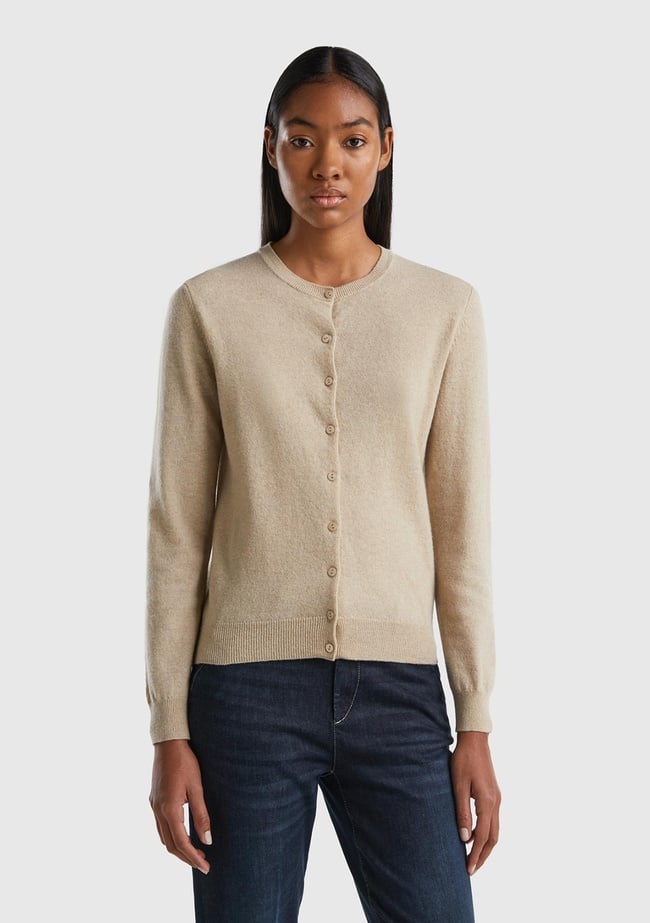  Kadın Bej Melanj Bisiklet Yaka %100 Merino Hırka