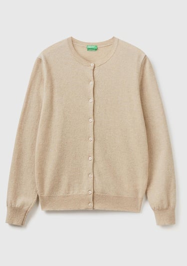  Kadın Bej Melanj Bisiklet Yaka %100 Merino Hırka