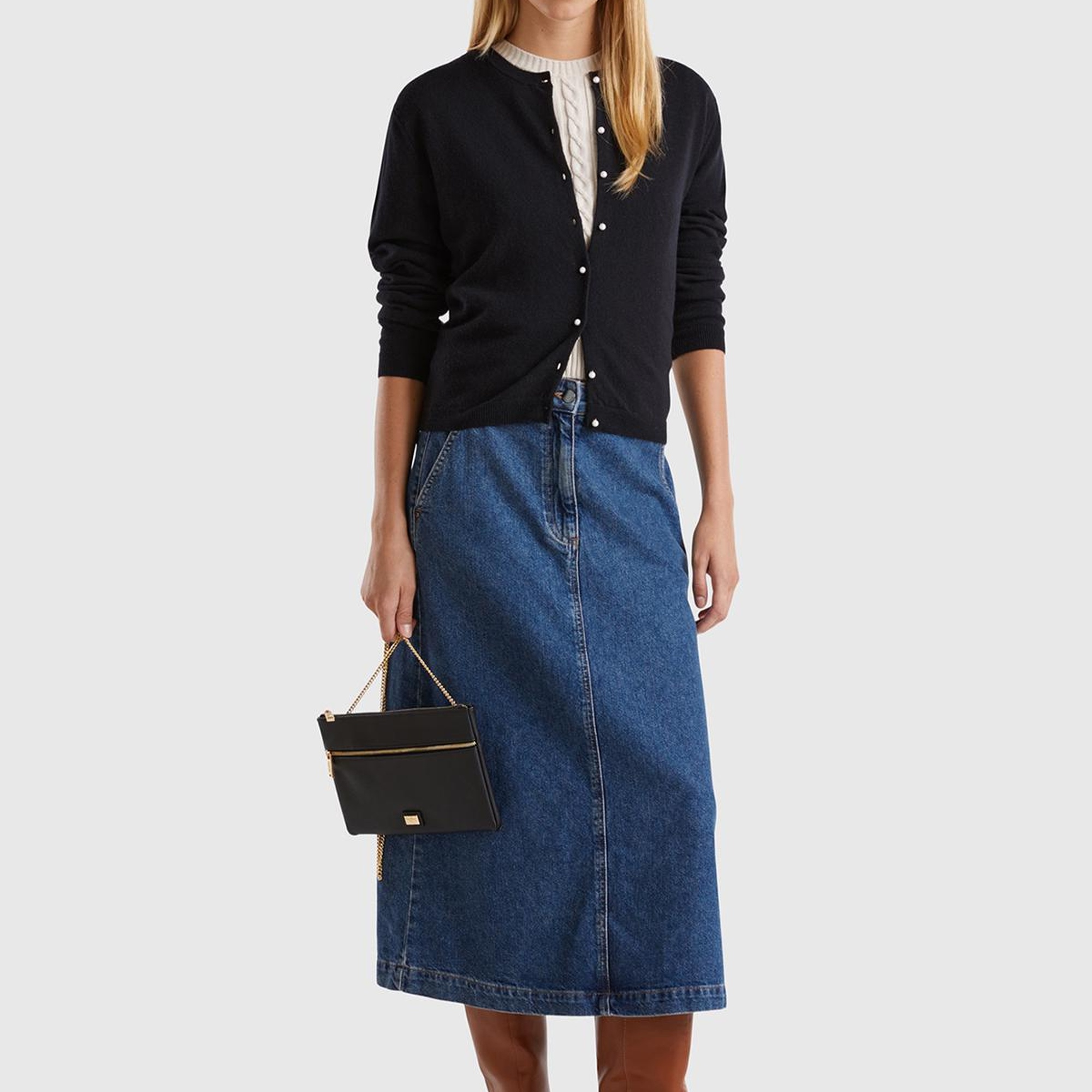 Kadın Siyah Bisiklet Yaka %İnci Düğmeli Merino Hırka