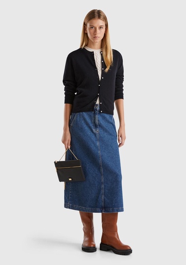  Kadın Siyah Bisiklet Yaka %İnci Düğmeli Merino Hırka