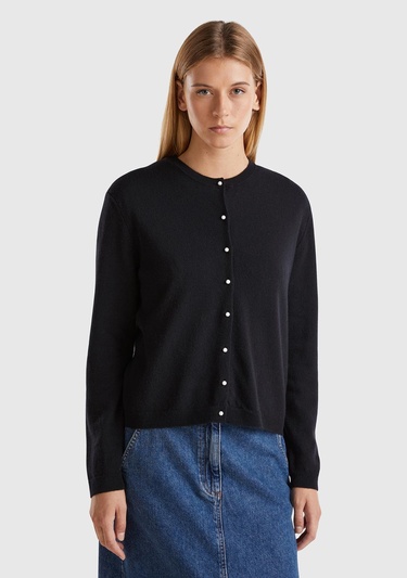  Kadın Siyah Bisiklet Yaka %İnci Düğmeli Merino Hırka
