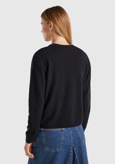  Kadın Siyah Bisiklet Yaka %İnci Düğmeli Merino Hırka