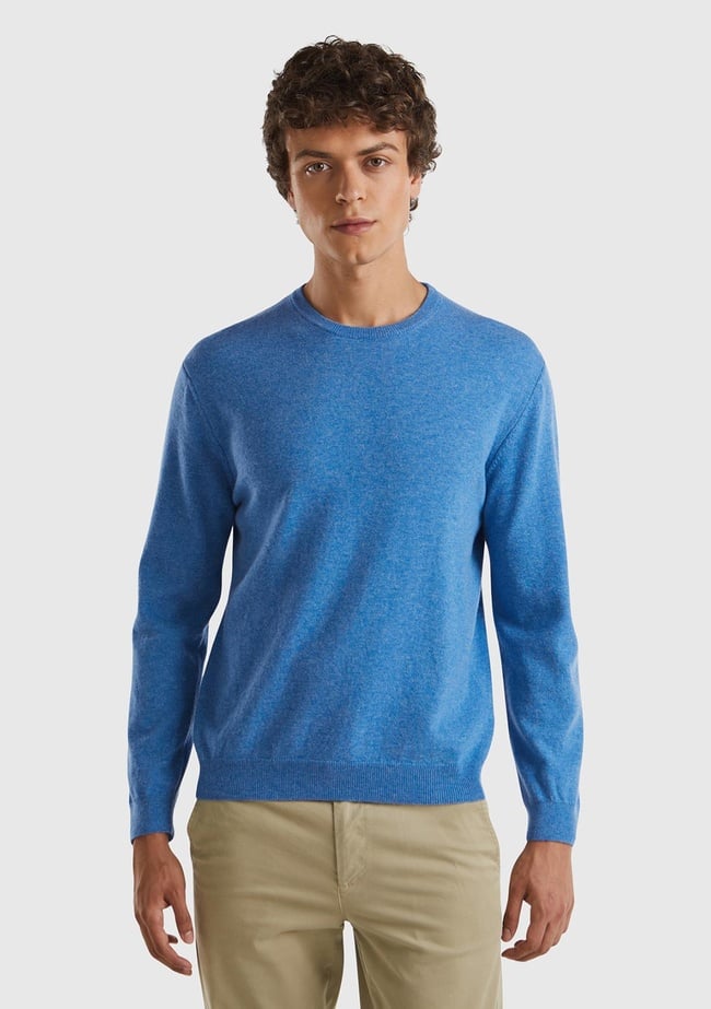  Erkek Mavi Melanj Bisiklet Yaka %100 Merino Kazak