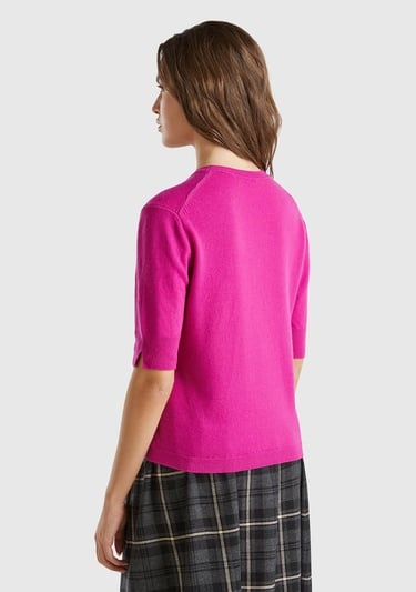  Kadın Fuşya Bisiklet Yaka %100 Merino Kısa Kollu Kazak