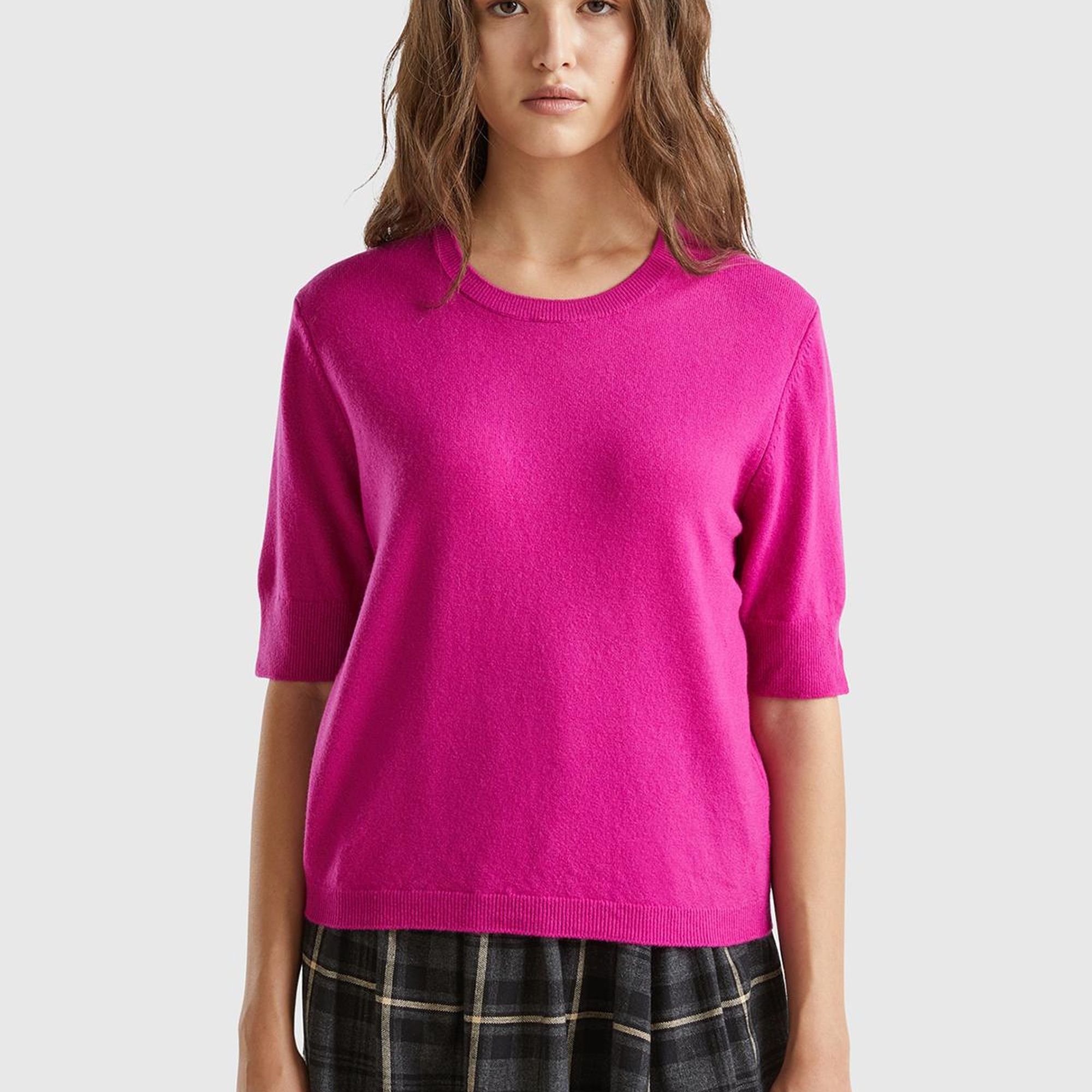Kadın Fuşya Bisiklet Yaka %100 Merino Kısa Kollu Kazak