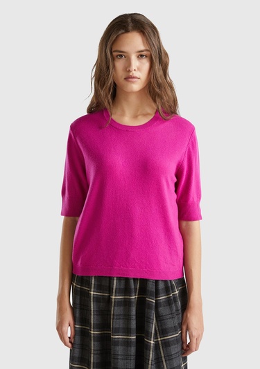  Kadın Fuşya Bisiklet Yaka %100 Merino Kısa Kollu Kazak