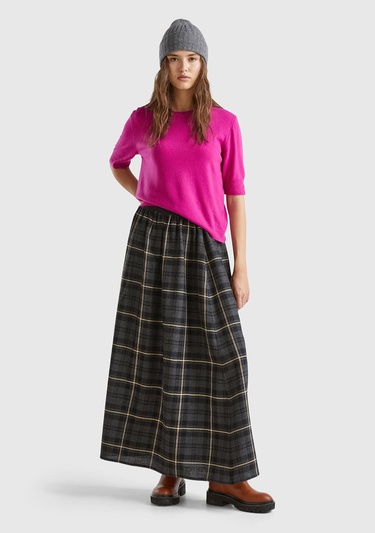  Kadın Fuşya Bisiklet Yaka %100 Merino Kısa Kollu Kazak