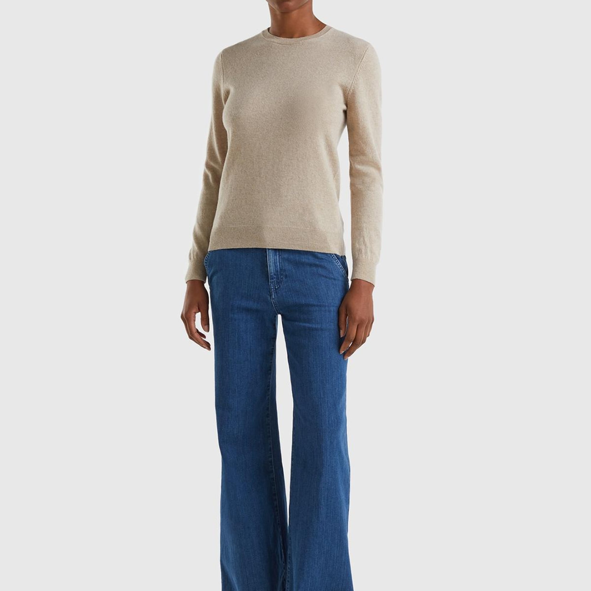 Kadın Bej Melanj Bisiklet Yaka %100 Merino Kazak