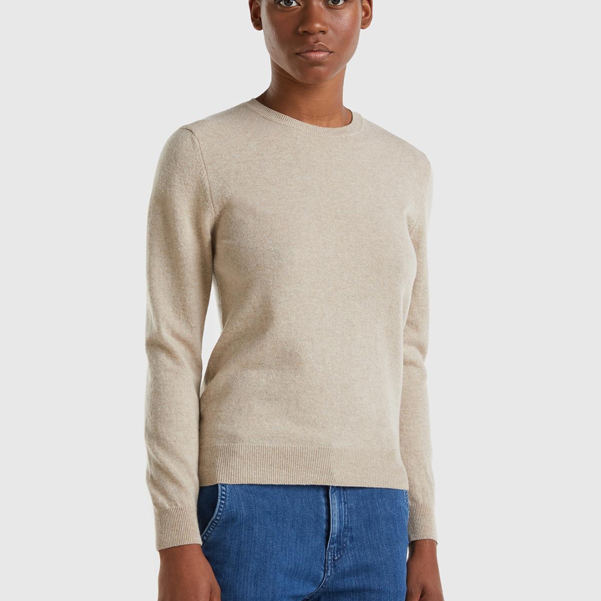 Kadın Bej Melanj Bisiklet Yaka %100 Merino Kazak