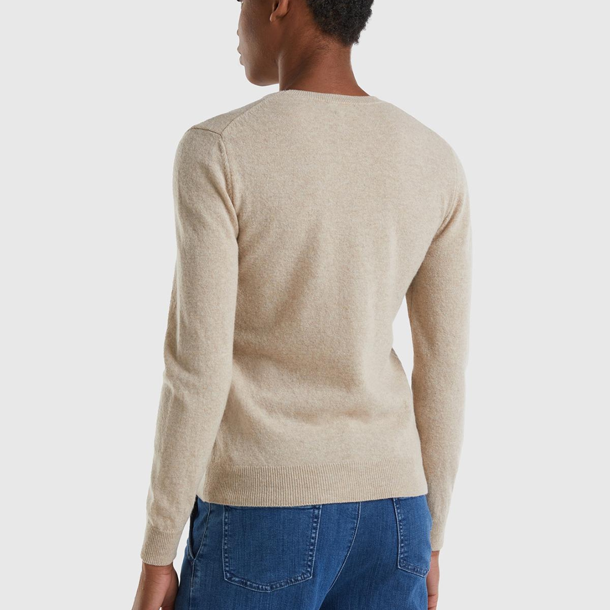 Kadın Bej Melanj Bisiklet Yaka %100 Merino Kazak