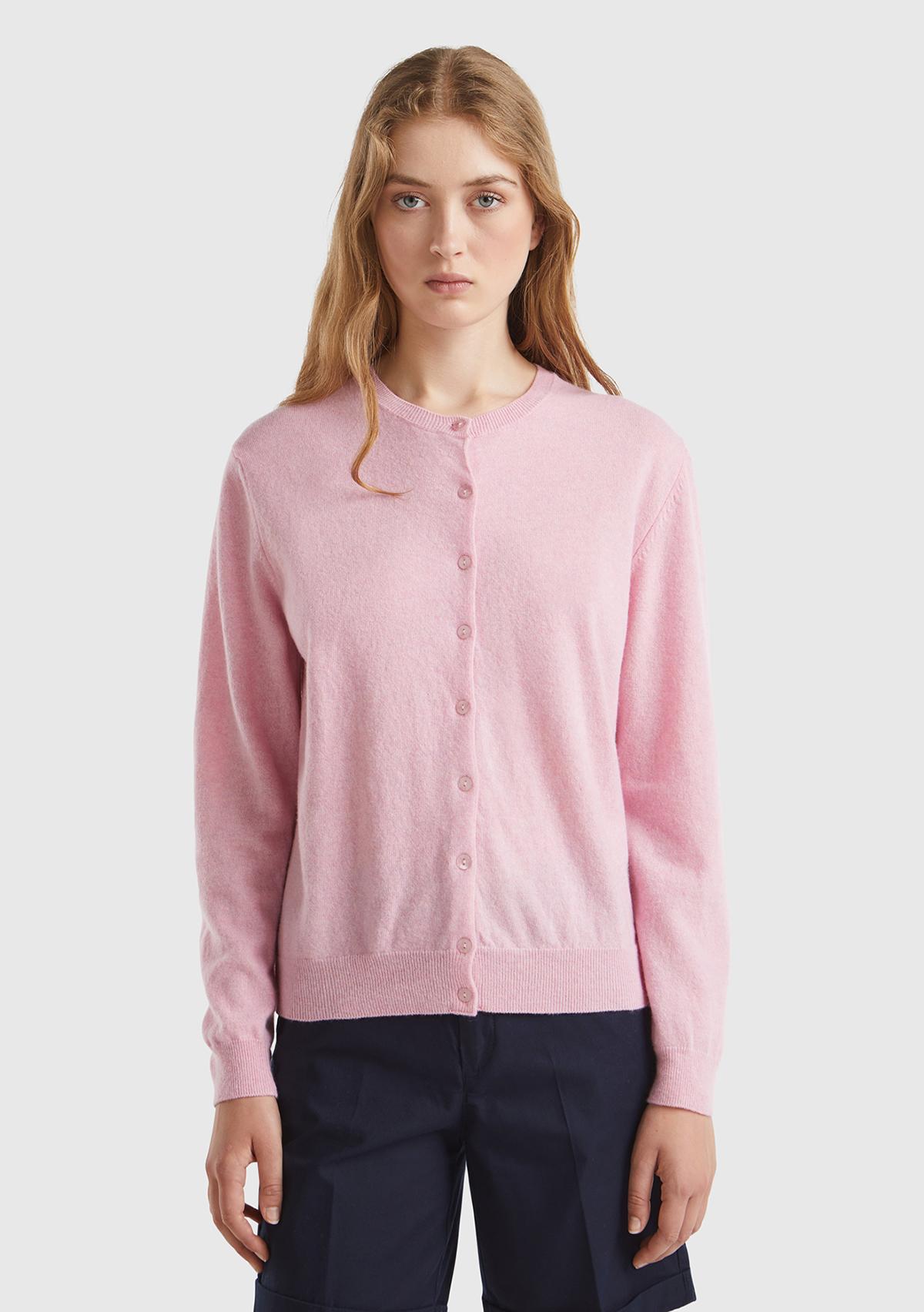  Kadın Pembe Bisiklet Yaka %100 Merino Hırka