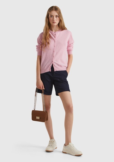  Kadın Pembe Bisiklet Yaka %100 Merino Hırka