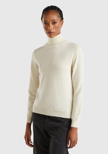  Kadın Krem Dik Yaka %100 Merino Kazak