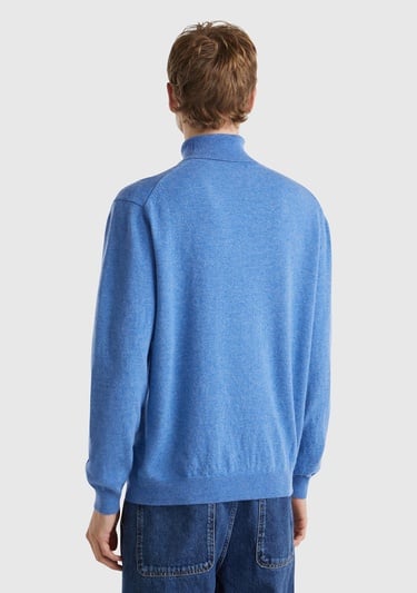  Erkek Mavi Melanj Boğazlı %100 Merino Kazak