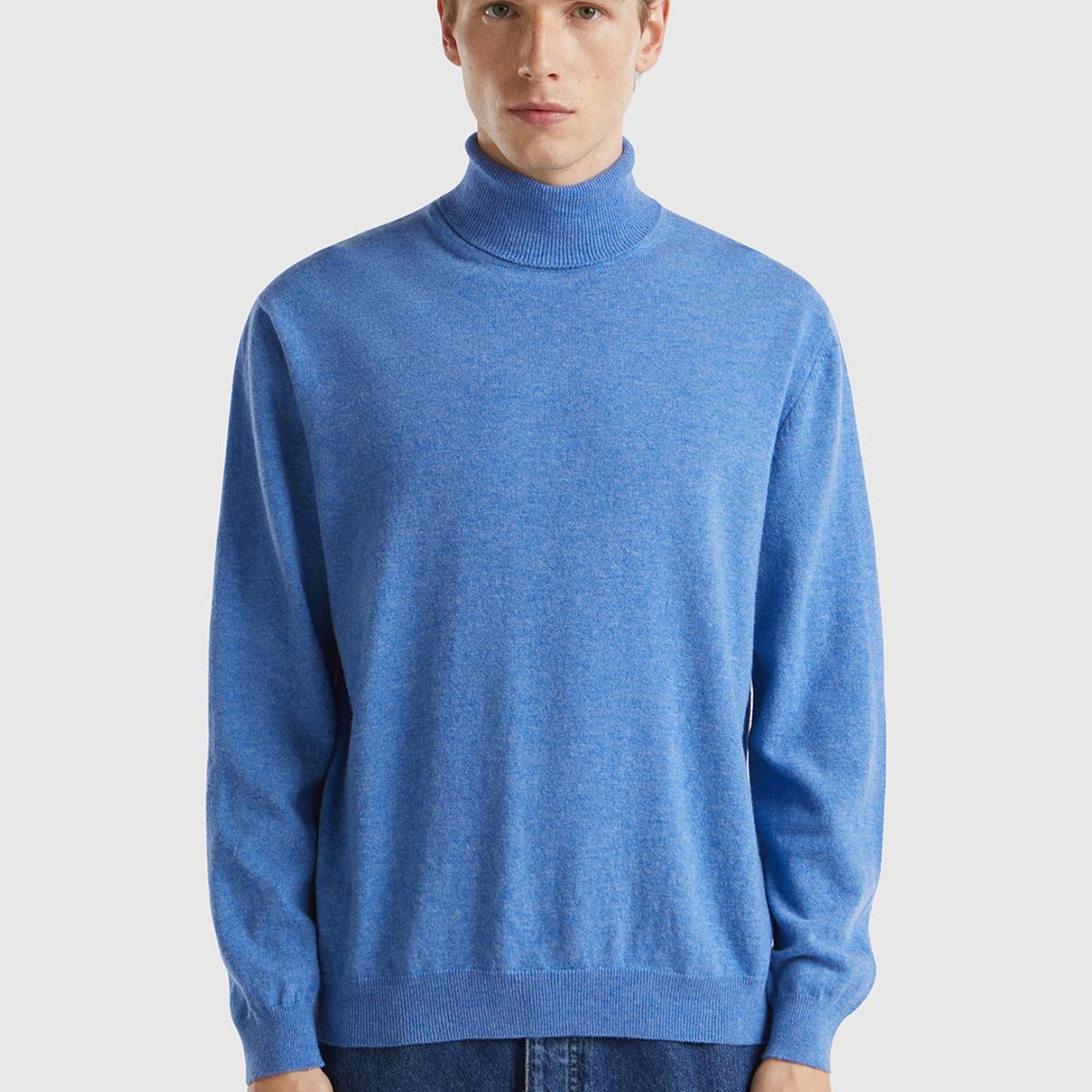 Erkek Mavi Melanj Boğazlı %100 Merino Kazak
