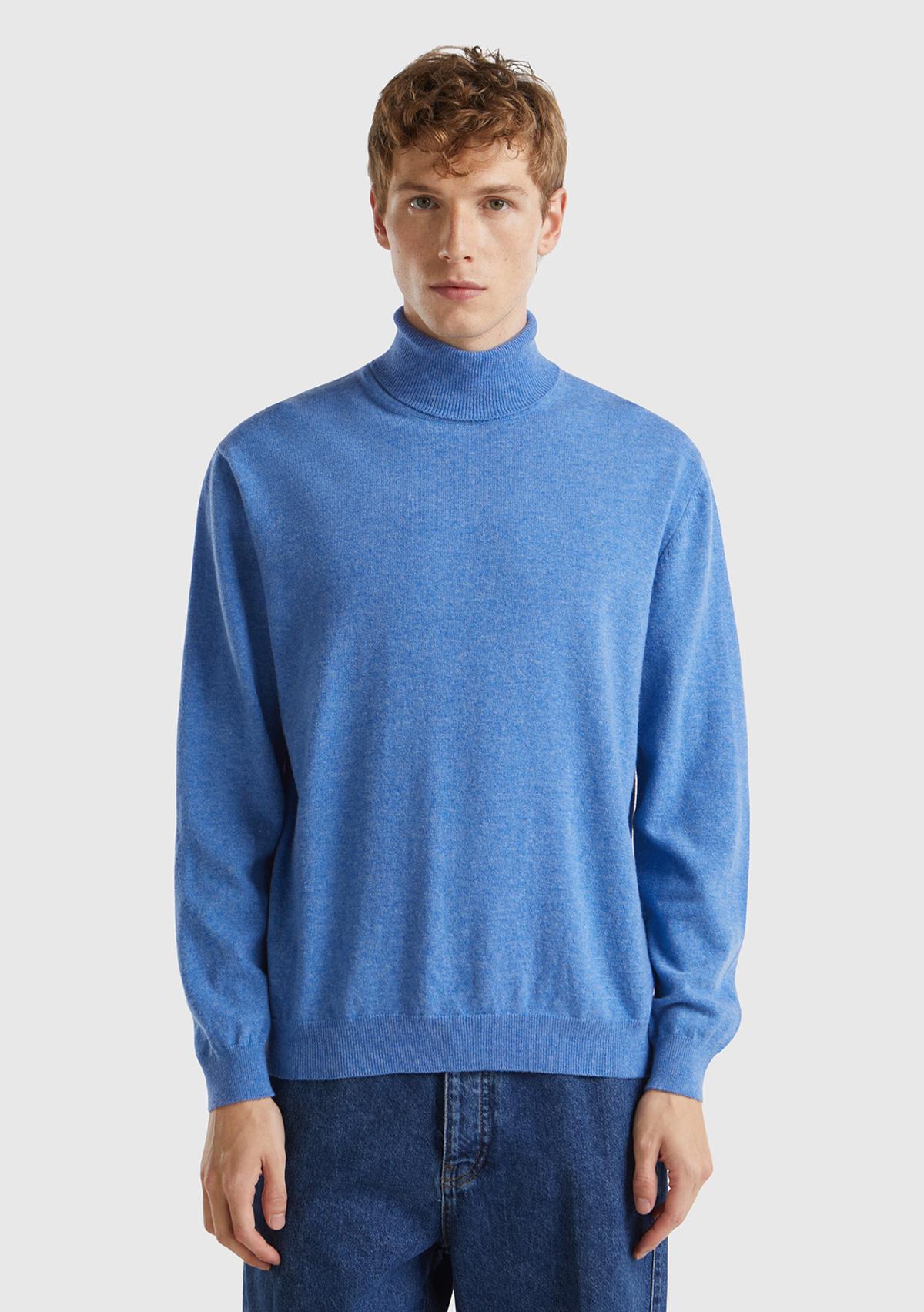  Erkek Mavi Melanj Boğazlı %100 Merino Kazak