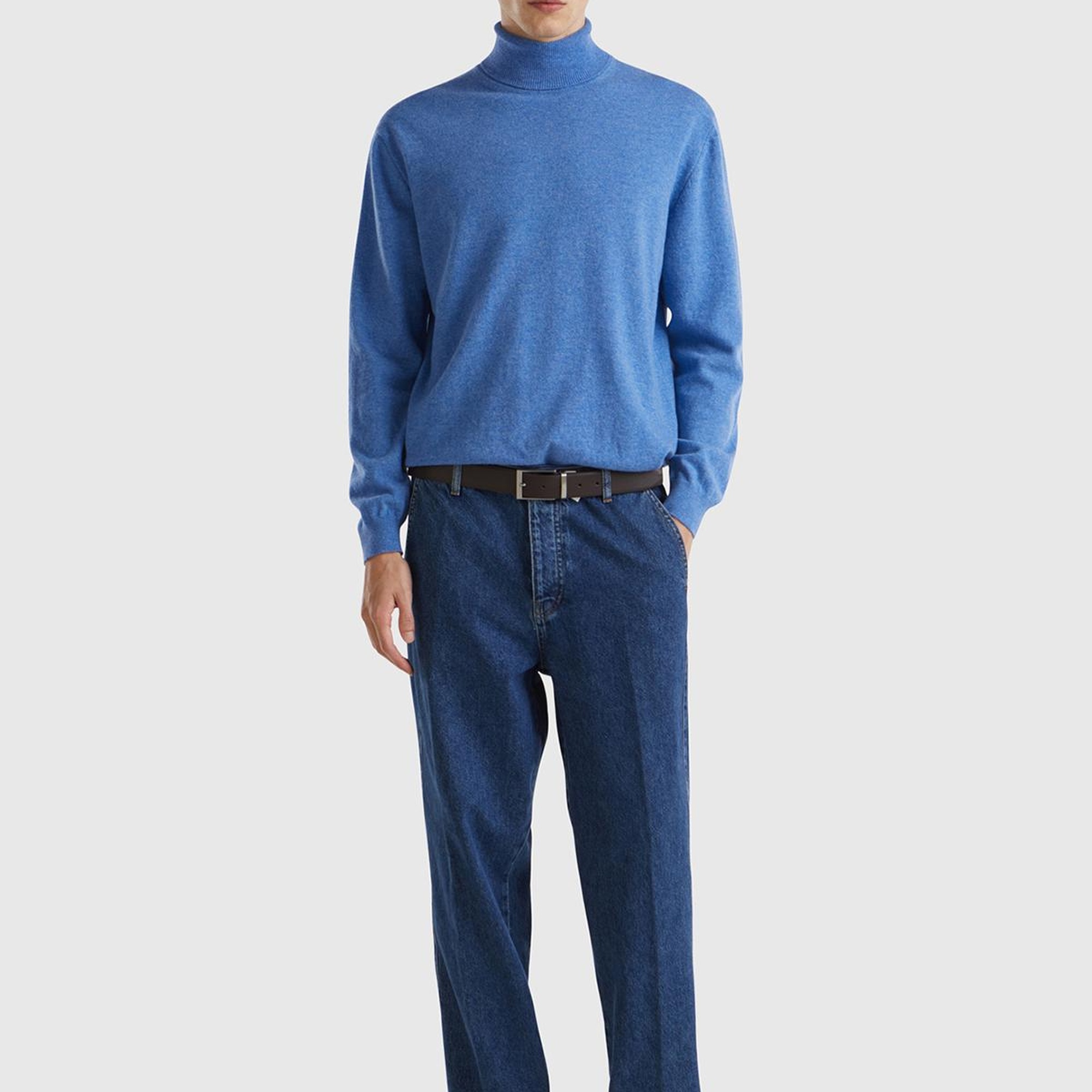 Erkek Mavi Melanj Boğazlı %100 Merino Kazak