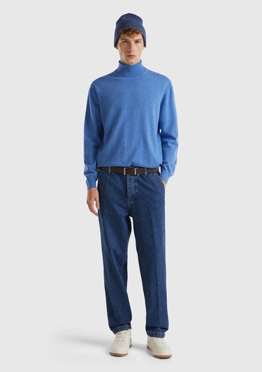  Erkek Mavi Melanj Boğazlı %100 Merino Kazak