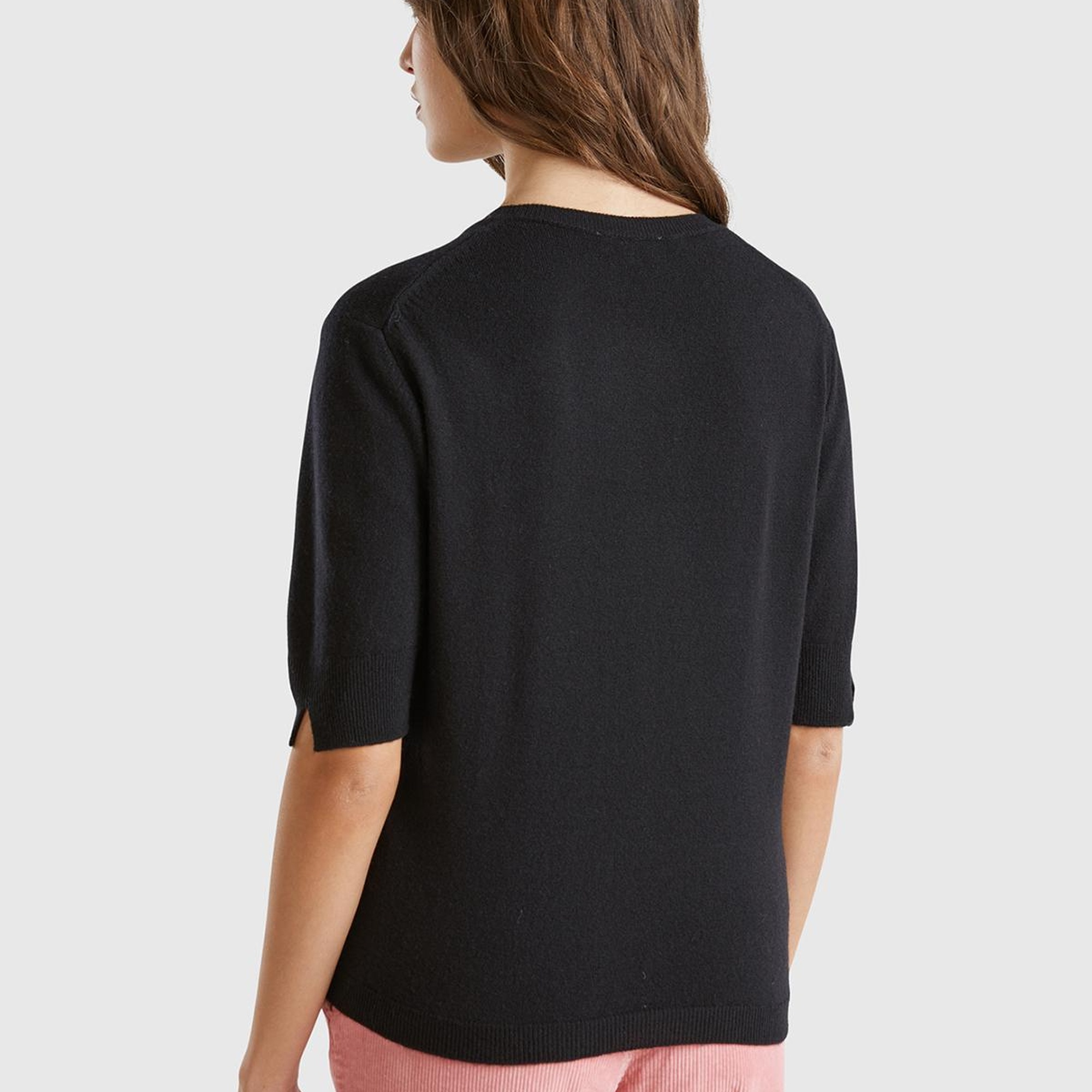 Kadın Siyah Bisiklet Yaka %100 Merino Kısa Kollu Kazak