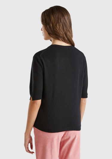  Kadın Siyah Bisiklet Yaka %100 Merino Kısa Kollu Kazak