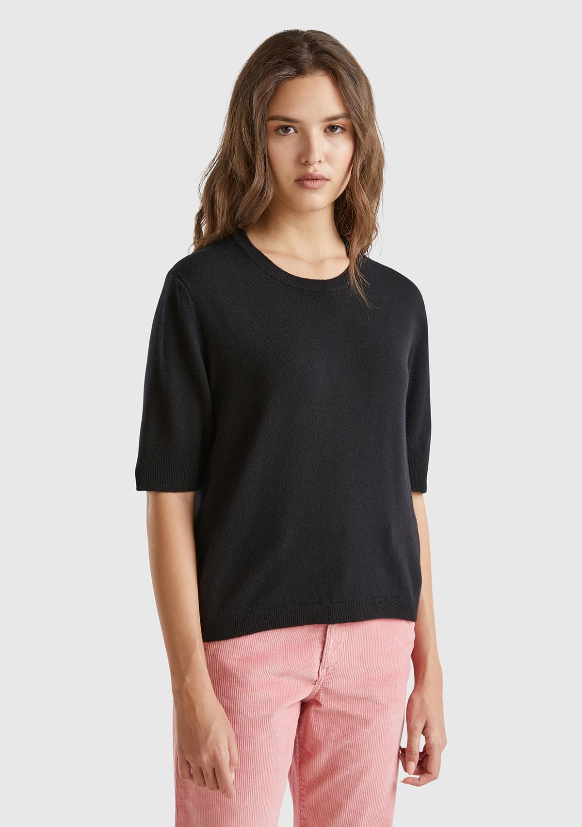  Kadın Siyah Bisiklet Yaka %100 Merino Kısa Kollu Kazak