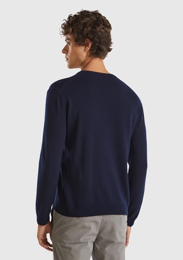  Erkek Lacivert V Yaka %100 Merino Kazak