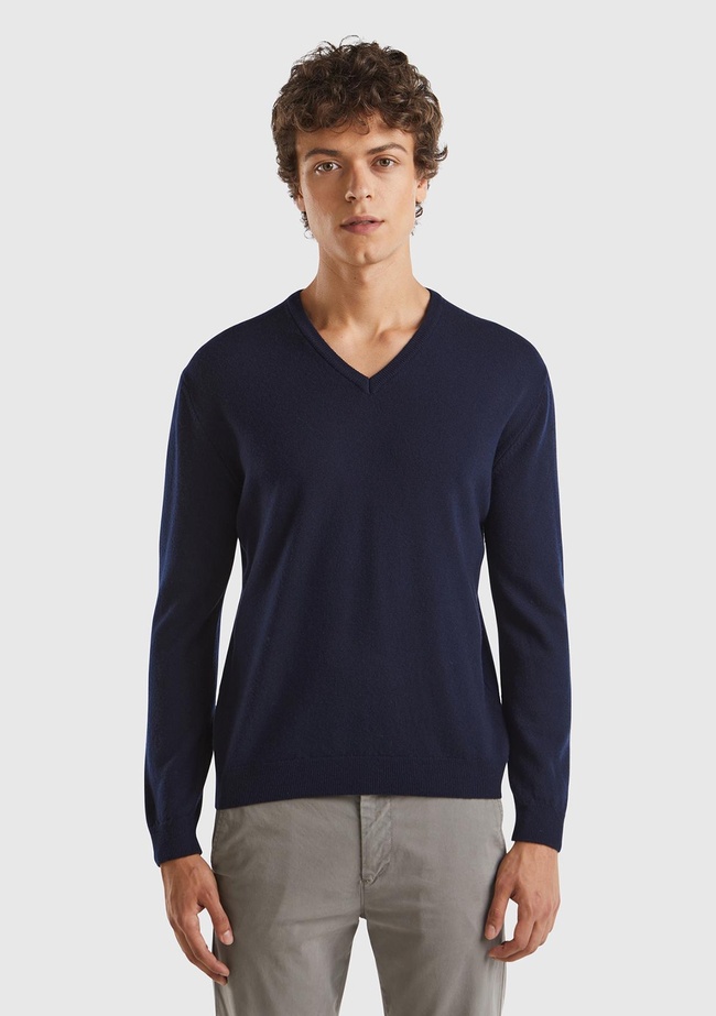  Erkek Lacivert V Yaka %100 Merino Kazak