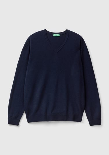  Erkek Lacivert V Yaka %100 Merino Kazak