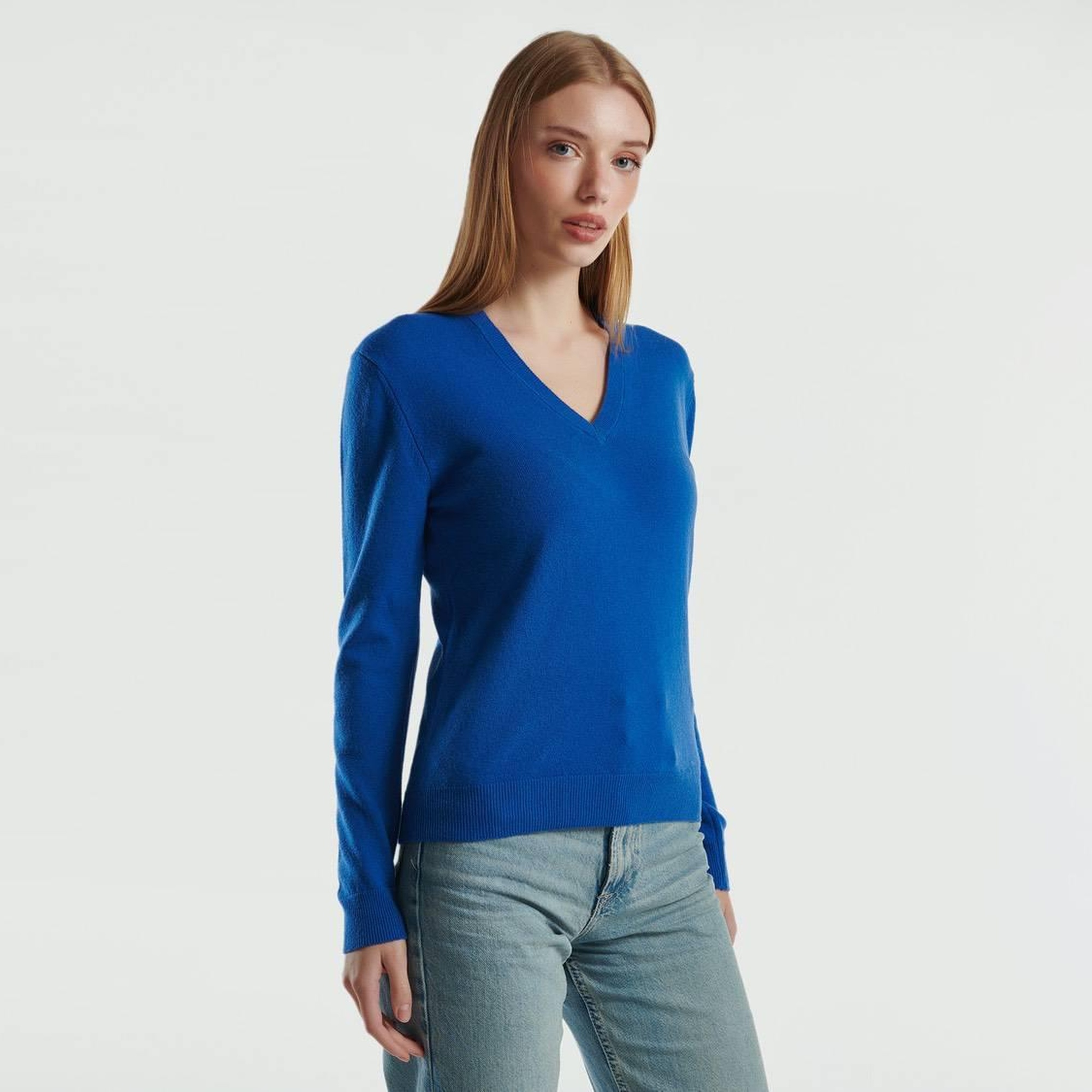 Kadın Gece Mavisi V Yaka %100 Merino Kazak