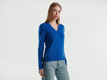  Kadın Gece Mavisi V Yaka %100 Merino Kazak