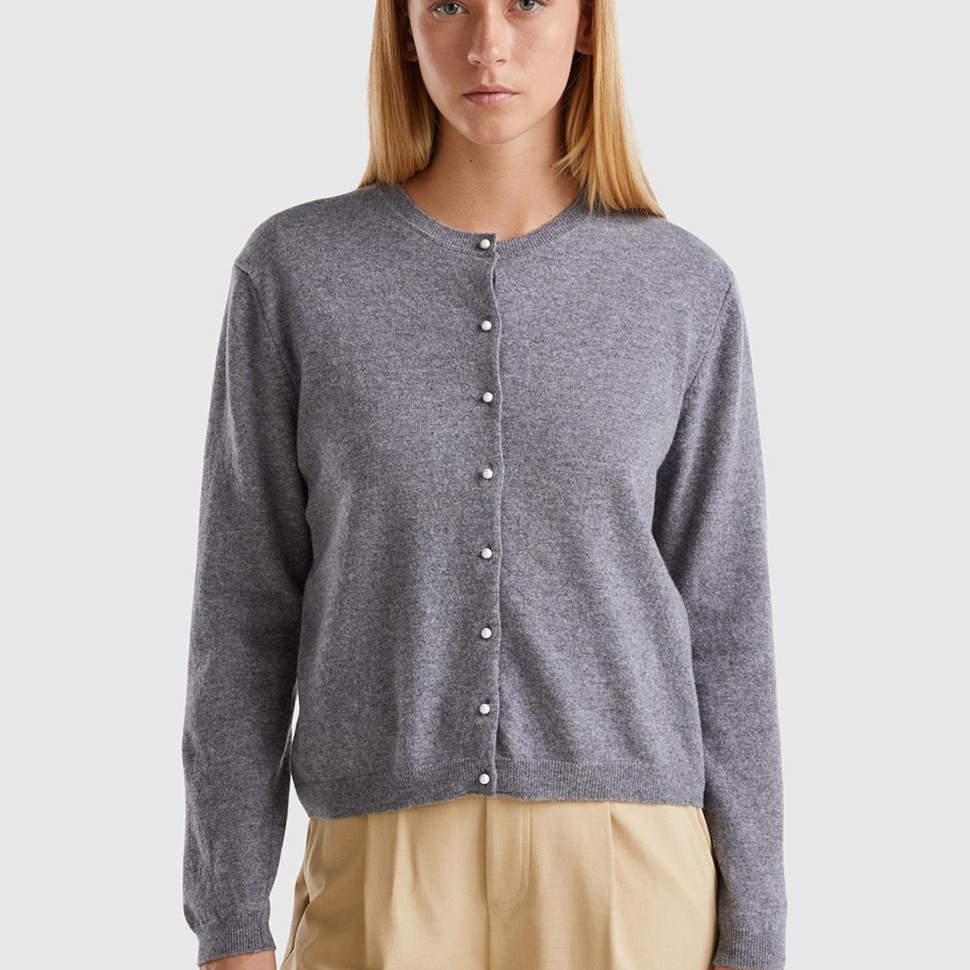 Kadın Antrasit Melanj Bisiklet Yaka %İnci Düğmeli Merino Hırka