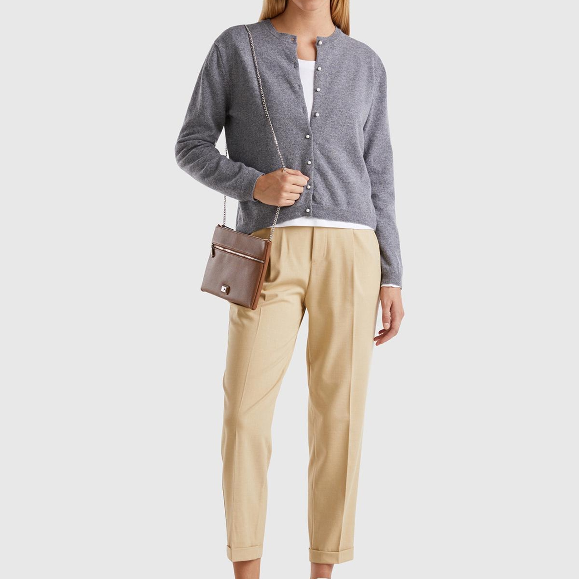 Kadın Antrasit Melanj Bisiklet Yaka %İnci Düğmeli Merino Hırka