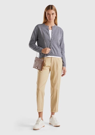  Kadın Antrasit Melanj Bisiklet Yaka %İnci Düğmeli Merino Hırka