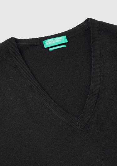  Kadın Siyah V Yaka %100 Merino Kazak