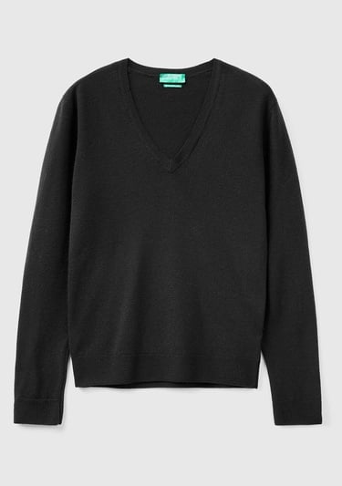  Kadın Siyah V Yaka %100 Merino Kazak