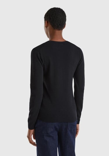  Kadın Siyah V Yaka %100 Merino Kazak