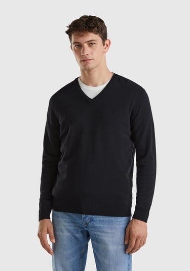  Erkek Siyah V Yaka %100 Merino Kazak