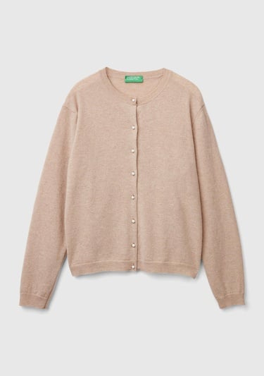  Kadın Bej Melanj Bisiklet Yaka %İnci Düğmeli Merino Hırka