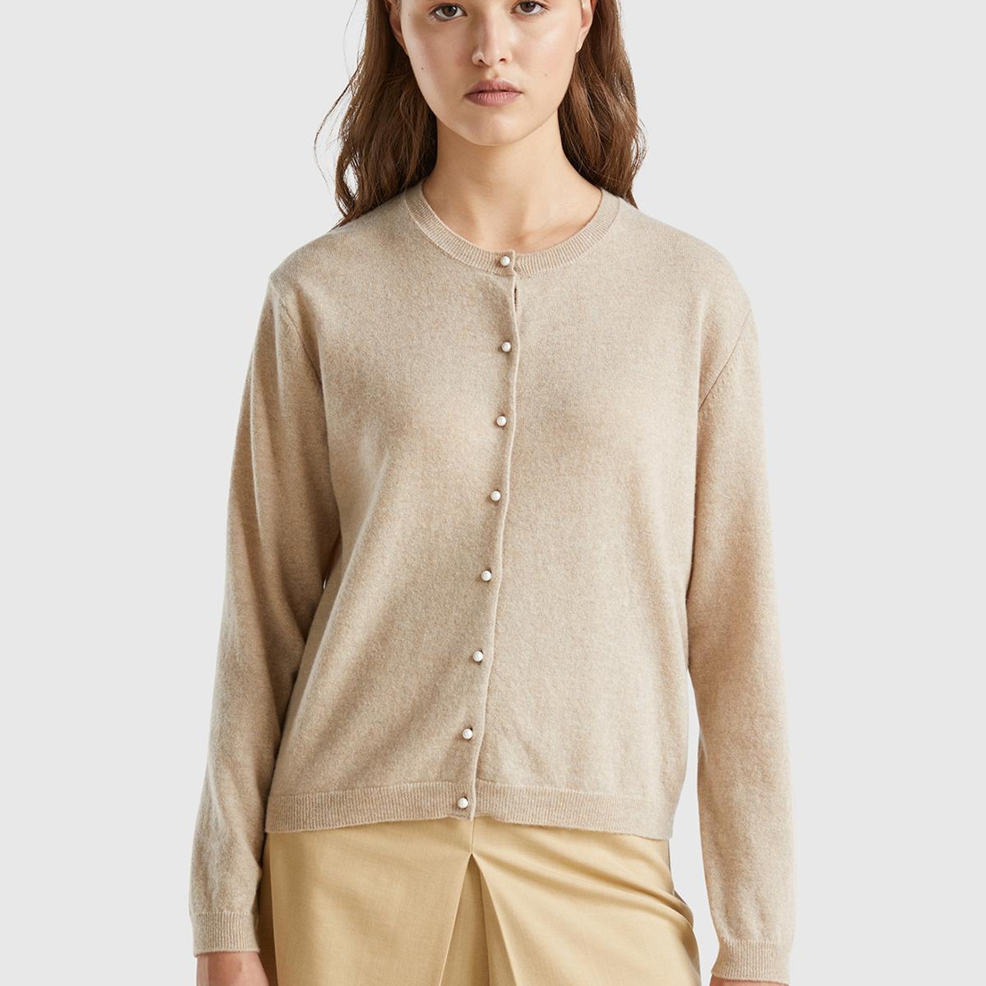 Kadın Bej Melanj Bisiklet Yaka %İnci Düğmeli Merino Hırka