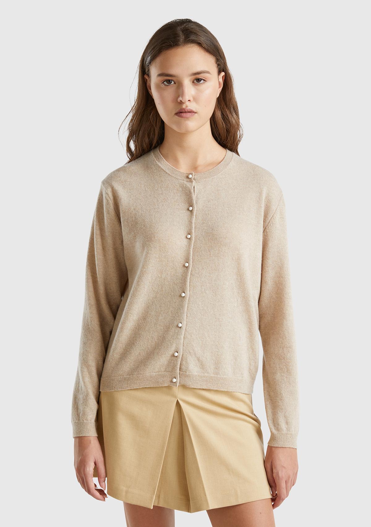  Kadın Bej Melanj Bisiklet Yaka %İnci Düğmeli Merino Hırka