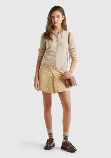  Kadın Bej Melanj Bisiklet Yaka %İnci Düğmeli Merino Hırka