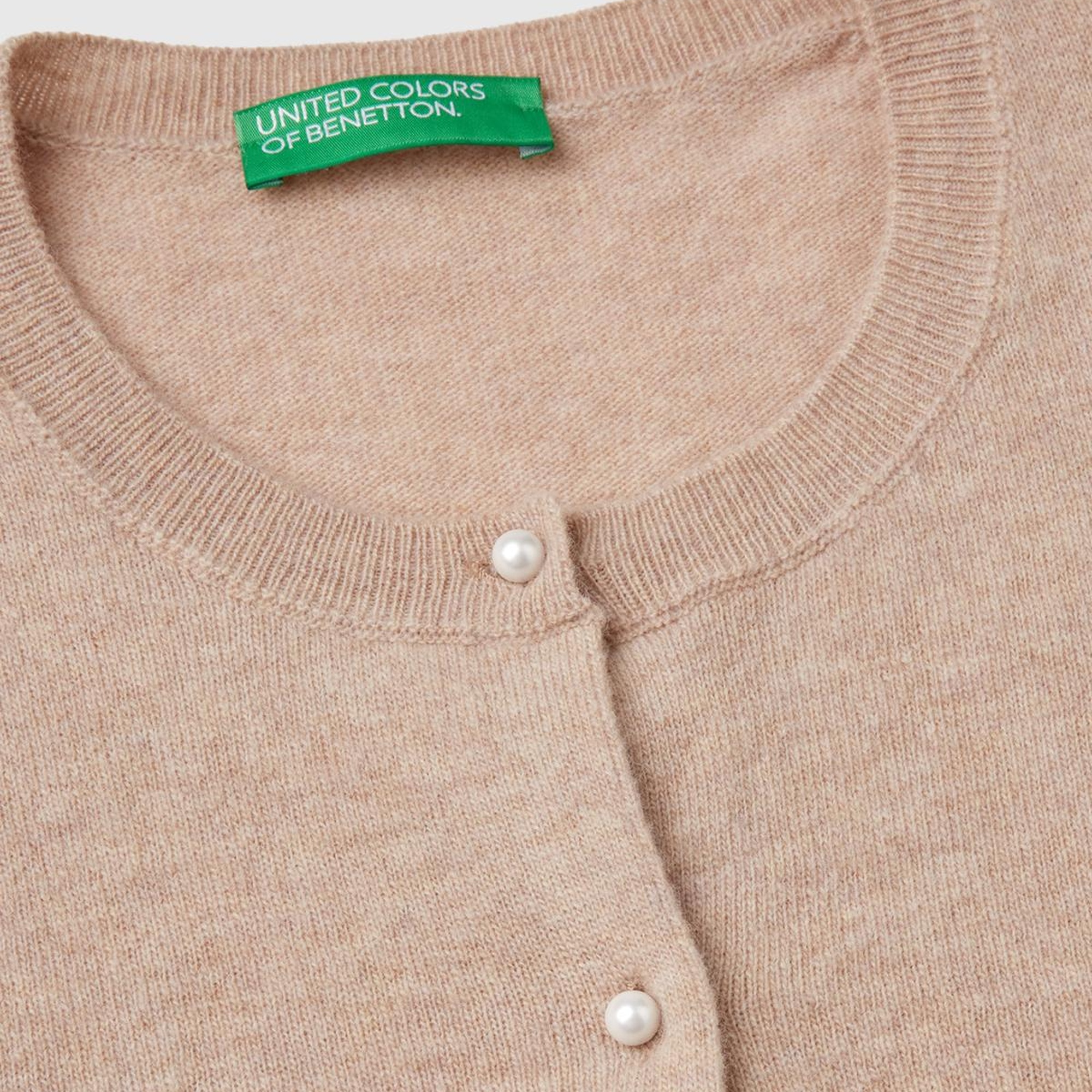 Kadın Bej Melanj Bisiklet Yaka %İnci Düğmeli Merino Hırka